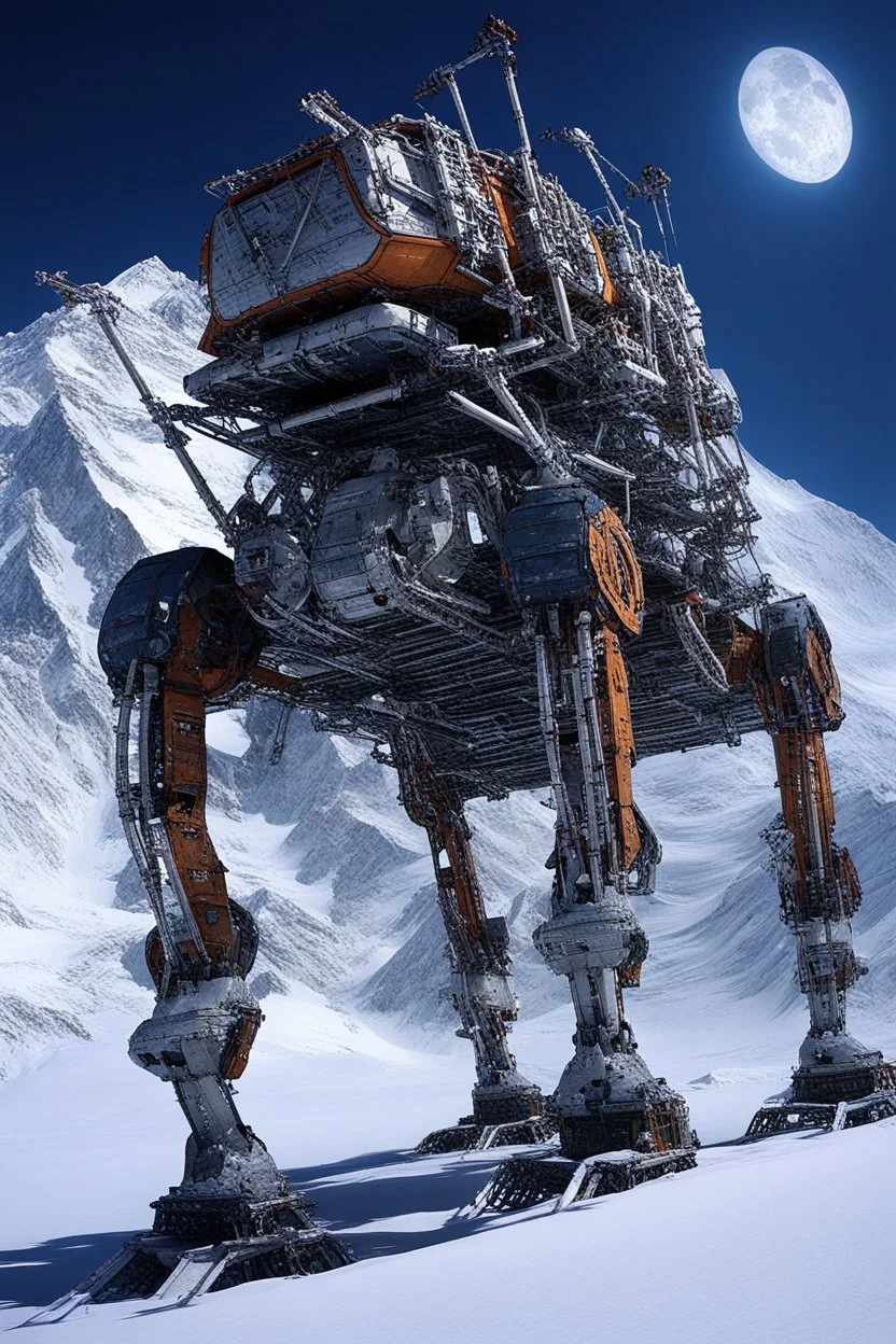 a mechanical walker with eight legs scaling a very steep snow covered side of mout everest at night, it has a smooth surface, it has storage pods on its belly human can fit in the pods