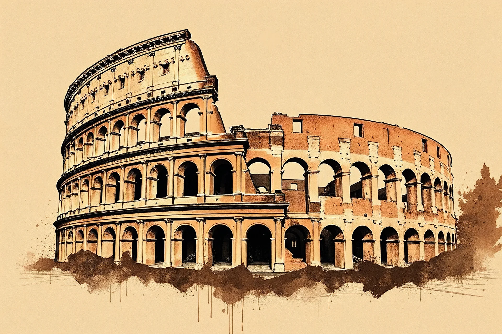 rustic abstract ink splatter painting design of the coliseum. Sepia style.