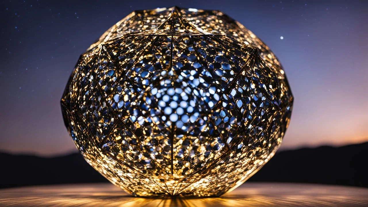 2190. BEAUTIFUL Stellated buckyball, nocturnal atmospheric mystery, luminous pixels, translucent plastic, Artistic, beautiful lighting, attractive composition, photorealistic, extremely detailed, chiaroscuro, rule of thirds