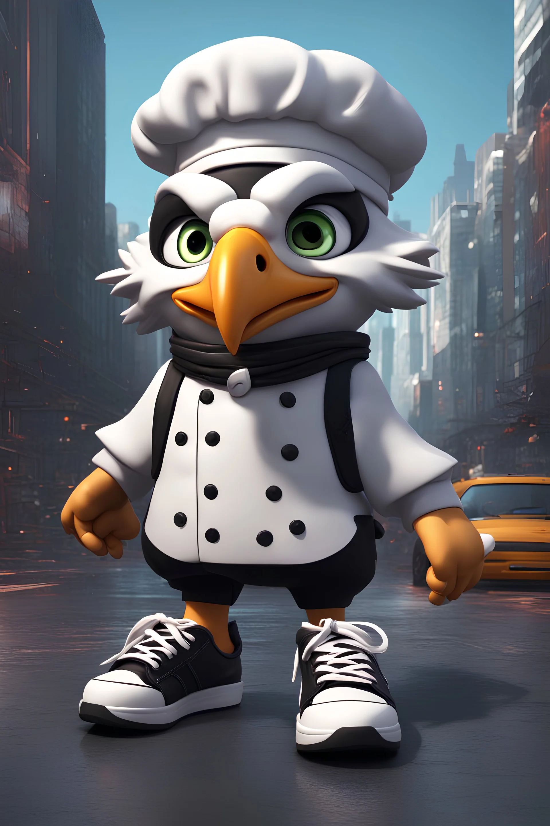 cartoon cute eagle with white and sneakers, Cyberpunk realism style, front view, wearing a chef costume, zbrush, Arys Chien and light black, lit children, 32k uhd, street fashion, round,8k,HD