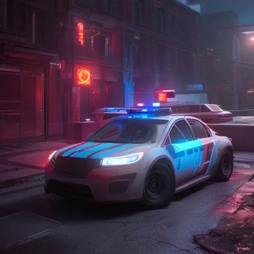 Cyberpunk,police car at unreal engine 5, octane render,cinema4d, dynamic lighting, 8k, redshift render, highly, hyperrealism ultra realistic, hyper realistic.