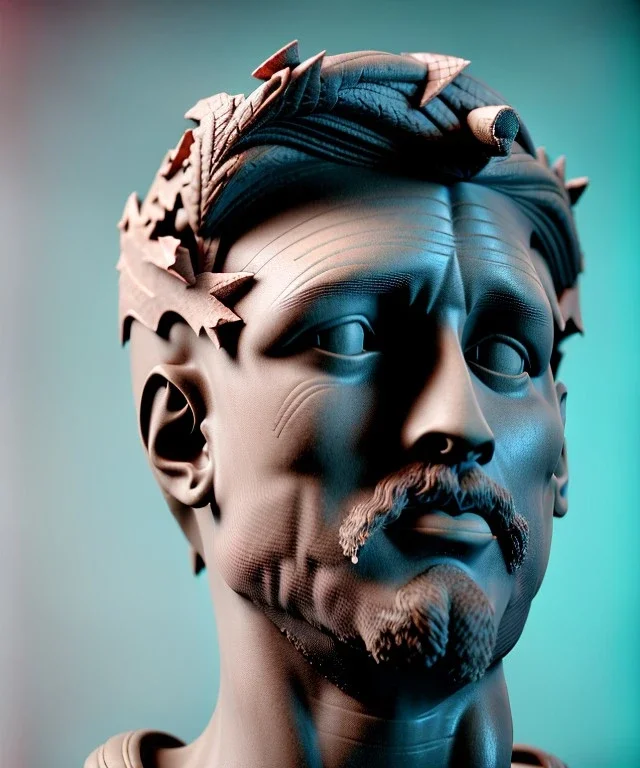 Gran angular, Realistic image, roman sculpture, marble material, Lionel Messi with Laurel wreath model, miguel angel style, emperador, God light, god rays, 4k resolution, perfect details, ornate details, soft lighting, unreal engine 5, soft cyan background.