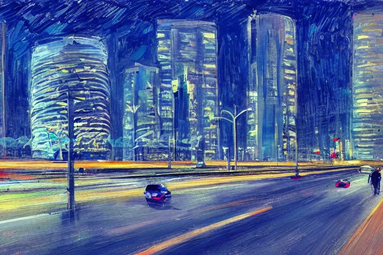 Night, futuristic buildings near trees, highway, people, sci-fi, realistic vision, impressionism painting