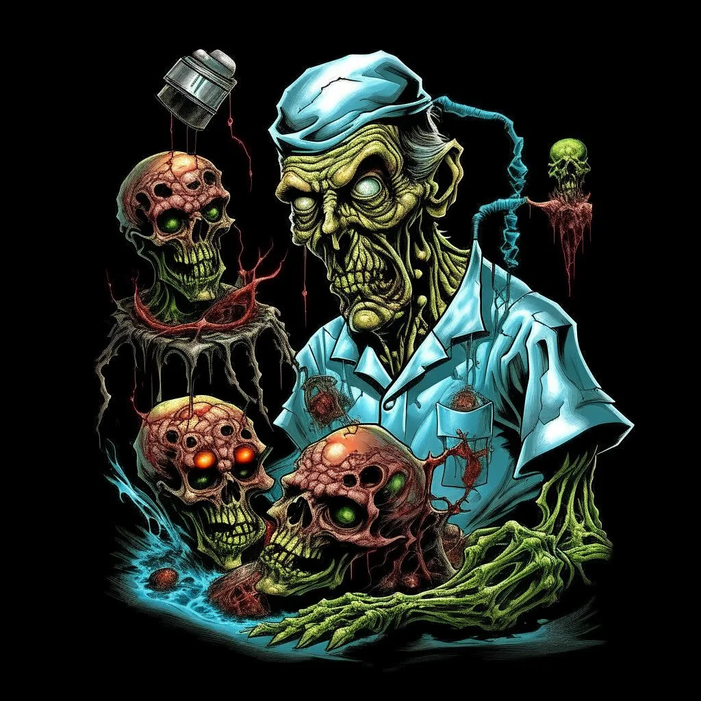 Science experiment Horror surgeon by Richard Corben, Todd Schorr, T-Shirt Design, Black Background