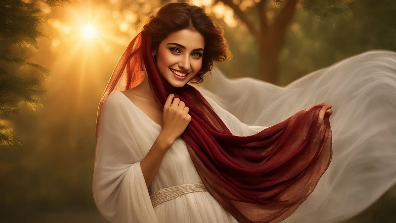 Hyper Realistic 3rd-rule-view of a Beautiful-Young-Happy-Pashto-Woman-with-beautiful-eyes-Smiling with-white-dress-with-maroon-shawl & breeze-whirling in a jungle-with-tall-trees & cloudy-sunset-&-sun-rays showing dramatic & cinematic ambiance