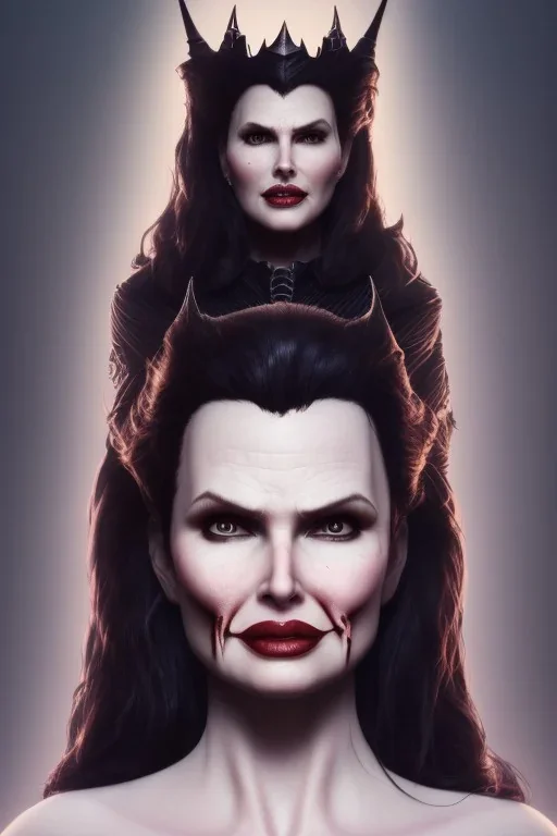 Geena Davis as evil queen in black leather, leather, busty, cleavage, angry, rage, stern look. character design by cory loftis, fenghua zhong, ryohei hase, ismail inceoglu and ruan jia. unreal engine 5, artistic lighting, highly detailed, photorealistic, fantasy