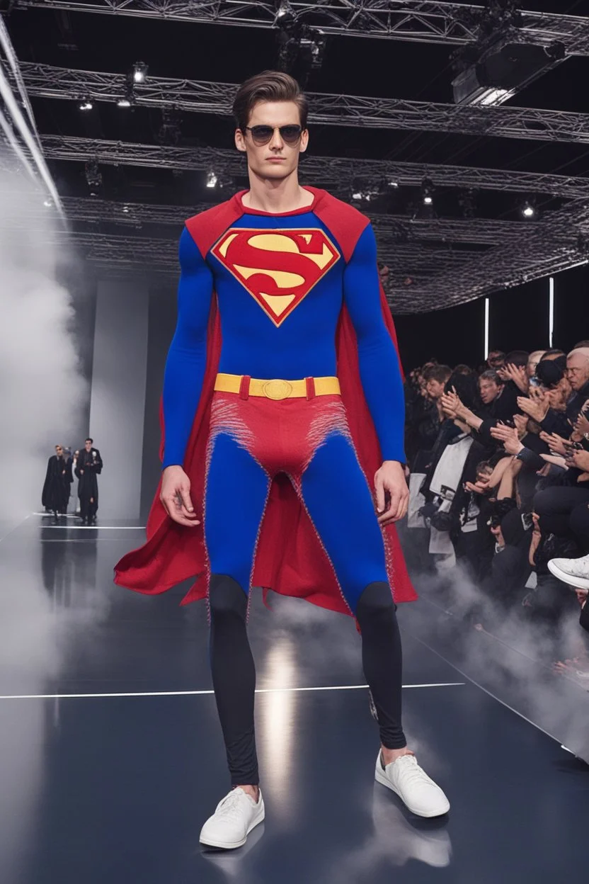 A guy on a fashion runway with Superman invernal clothes style embroidery without cape