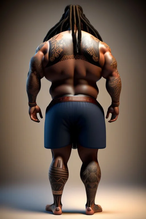 full body shot back view photography of a burly stocky giant gipsy lumberjack tattoed 55 years old , in italian restaurant, shirtless with swimwear, dreadlocks, long beard, emotive eyes, big shoulders, big fat ass, ambient occlusions, photorealistic