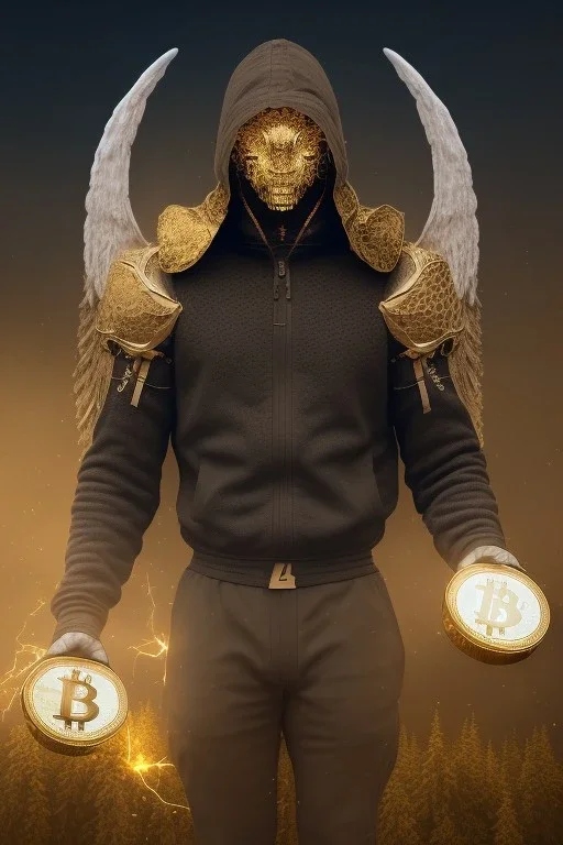 running berserker portrait , no face, black jogging suite , in the night Alps , holding bitcoin , angels background, volumetric gold light, high detail, dark leaf tree, dark mountains in background, perfect