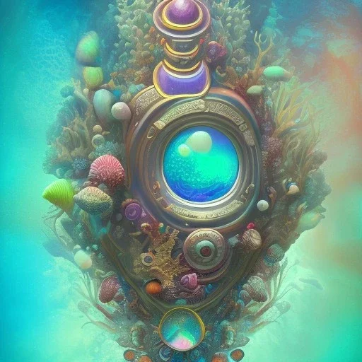 Underwater, rainbow seashell, opal pearl inside, magic fills the water