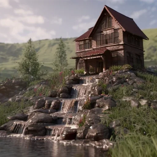 House cake chocolate waterfall made of chocolate is flowing, unreal engine