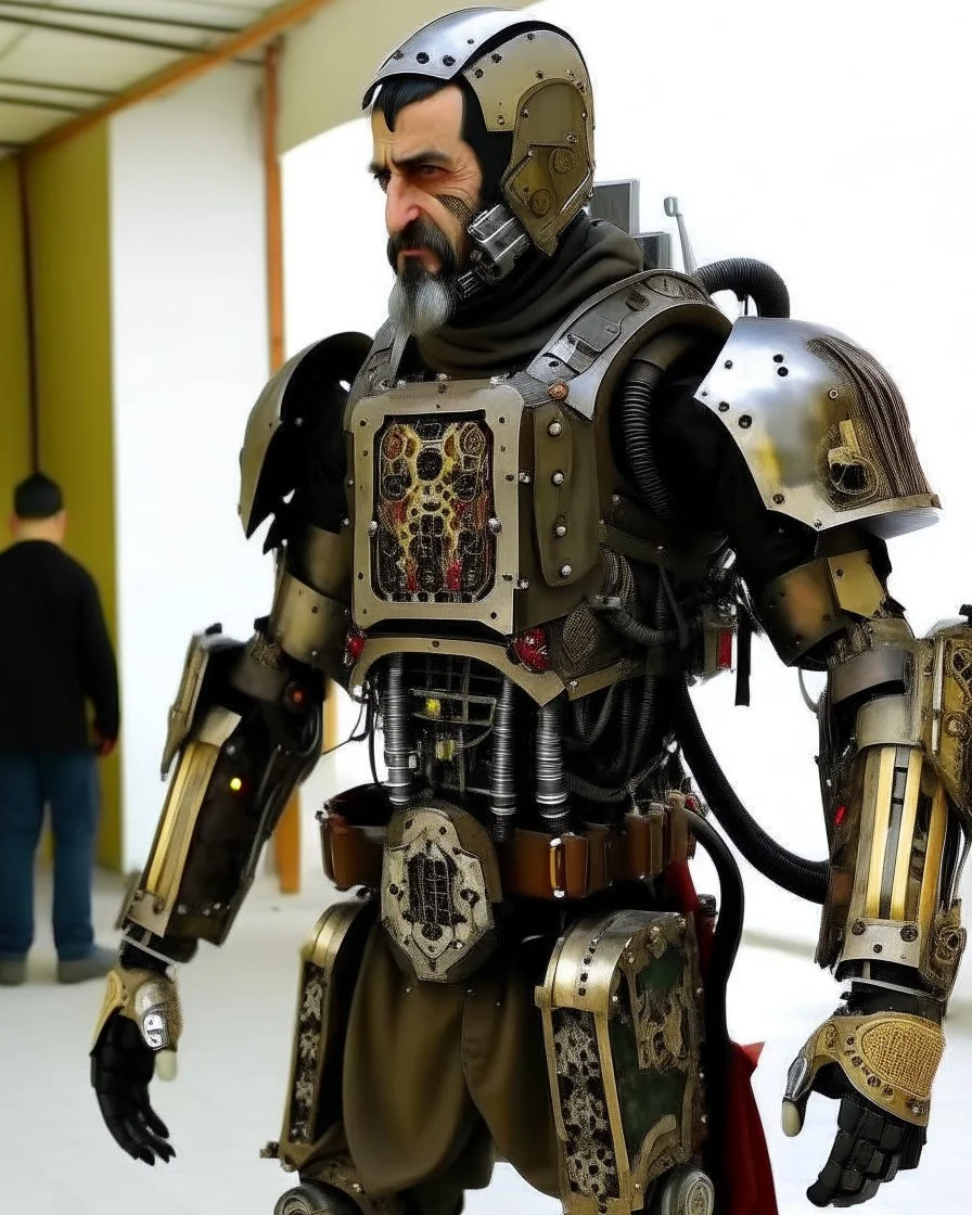 A brave iranian warrior with leather and metal combat clothes robotic metal with Chafee