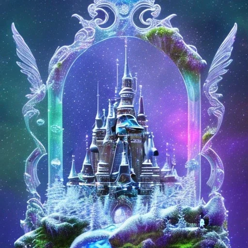 cristal angelic castle crystalline, beau , cosmic, opalescent, opalescent, gemstones, crystals, object, other worldly,water, rock, moss,bright, ice background, neige etang bleu