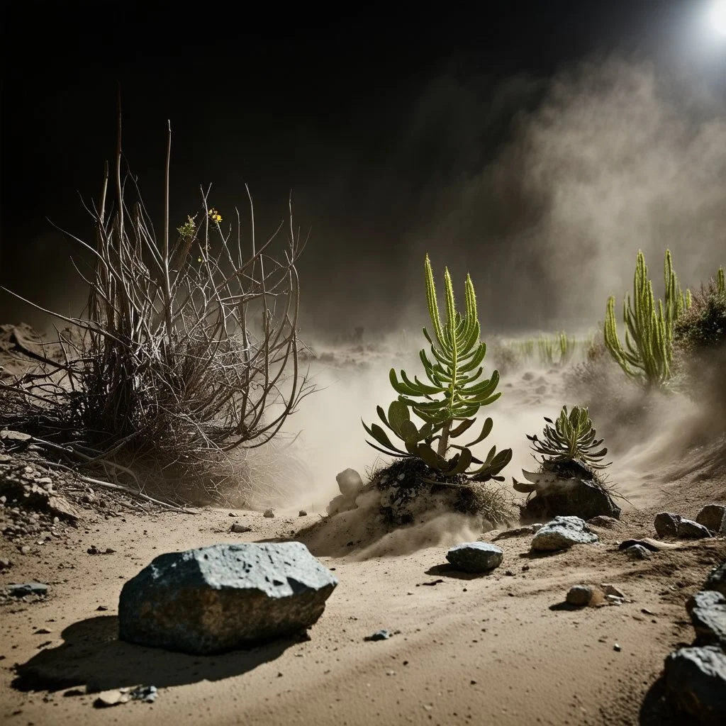 A striking quality Kodak photograph captures a wasteland with oddities and group of plants, creepy, details of the dust very accentuated, Yves Tanguy, Ernst Haekel, glossy organic mass, adorned with minerals and rocks. Bathed in intense light, eerie, Max Ernst style, black sun, fog