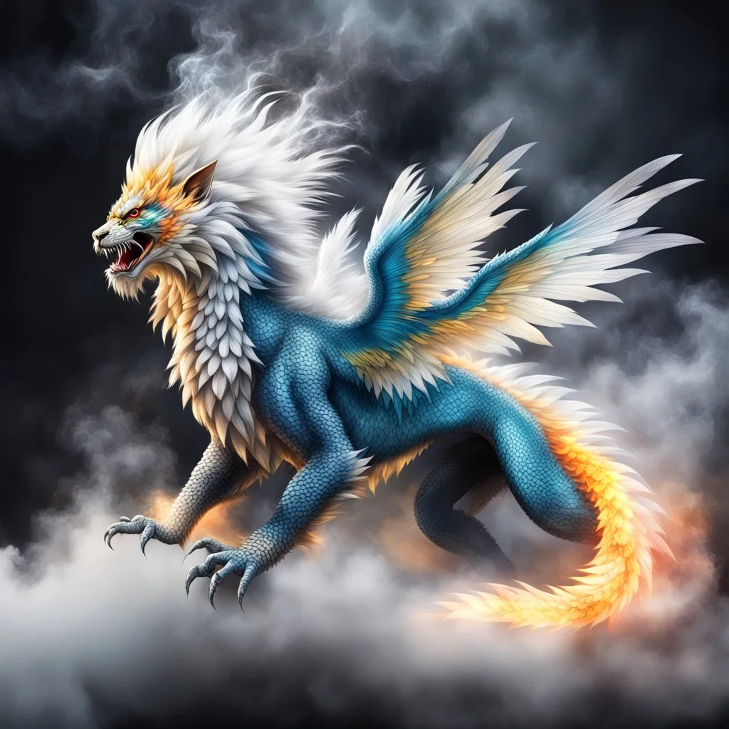 a sturdy colorful winged lion-like asian dragon with curly white fur, smokey breath and fire, claws, spikes along back, a long tail, moving forward out of the smoke and mist, webbed wings, attacking