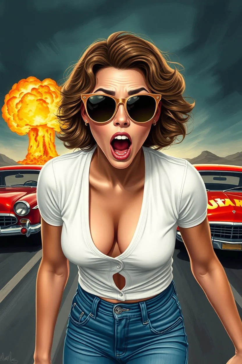 an young woman leaning forward(cropped tightly from between nose and stomach, white top with wide neck opening, cleavage, hands at side of face, with surprised expression, home alone scream, wavy hair, large cheep sunglasses), nuclear explosion and classic Cars in background, greaser, digital painted illustration