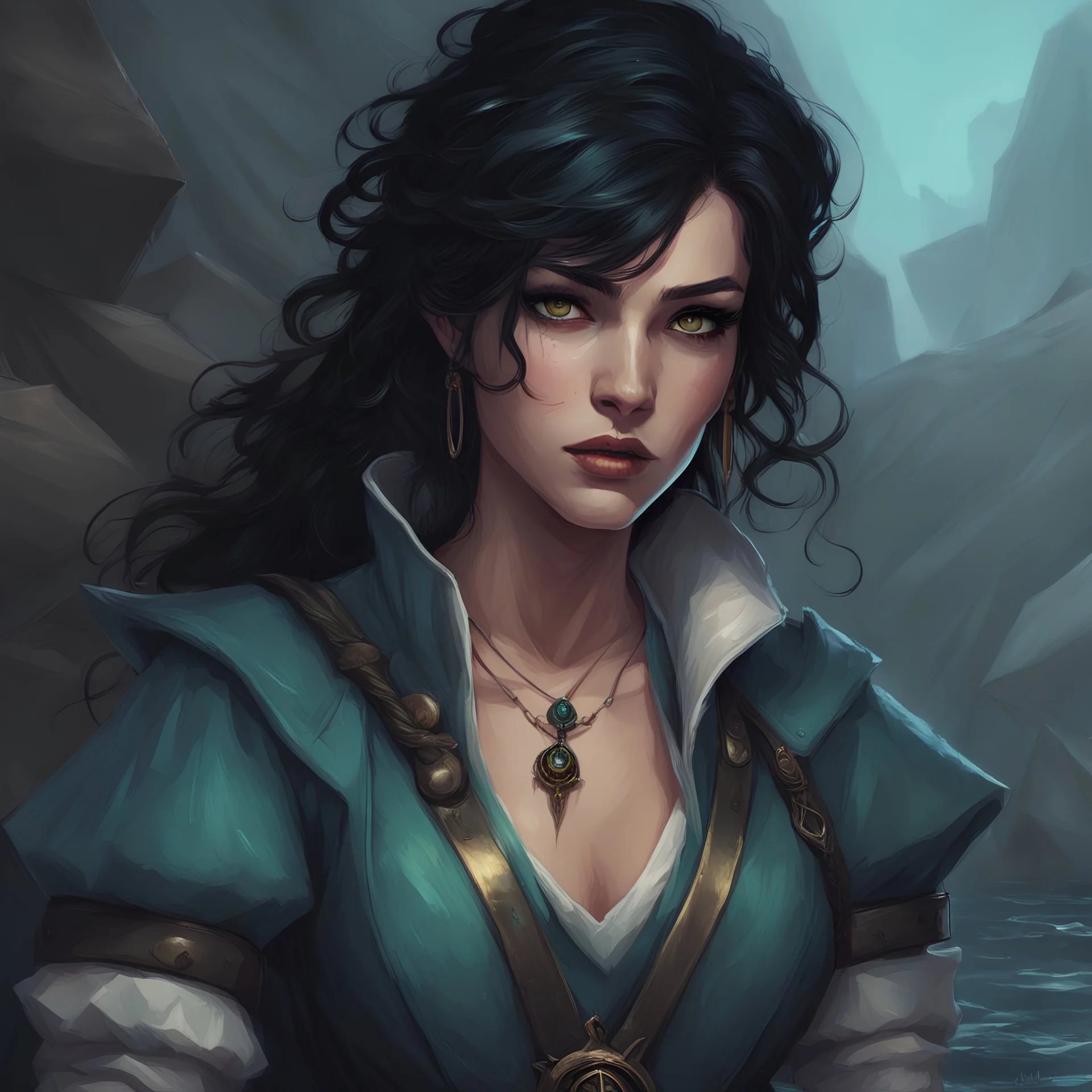 dungeons & dragons; portrait; digital art; female; pretty; scarred; black hair; medium length hair; soft details; soft light; warlock; the fathomless; sailor clothes; colored clothes; water magic; deep sea