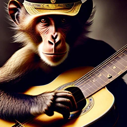 Audobon painting of a monkey playing a guitar, 6 strings, fingers