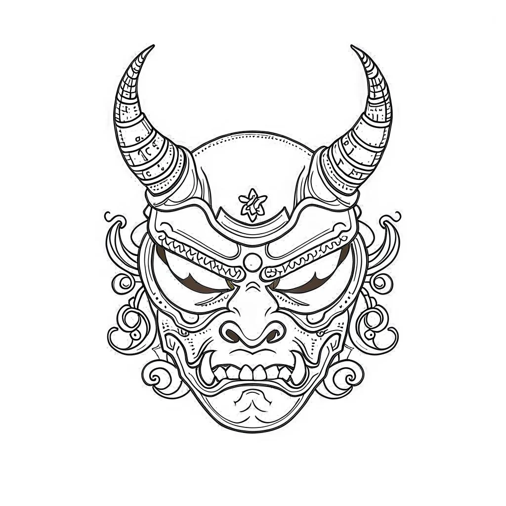 White, minimalis line art , cute oni mask japanes , vector, white background, outline, with images neatly contained within the background, just black and white color, tatto style.