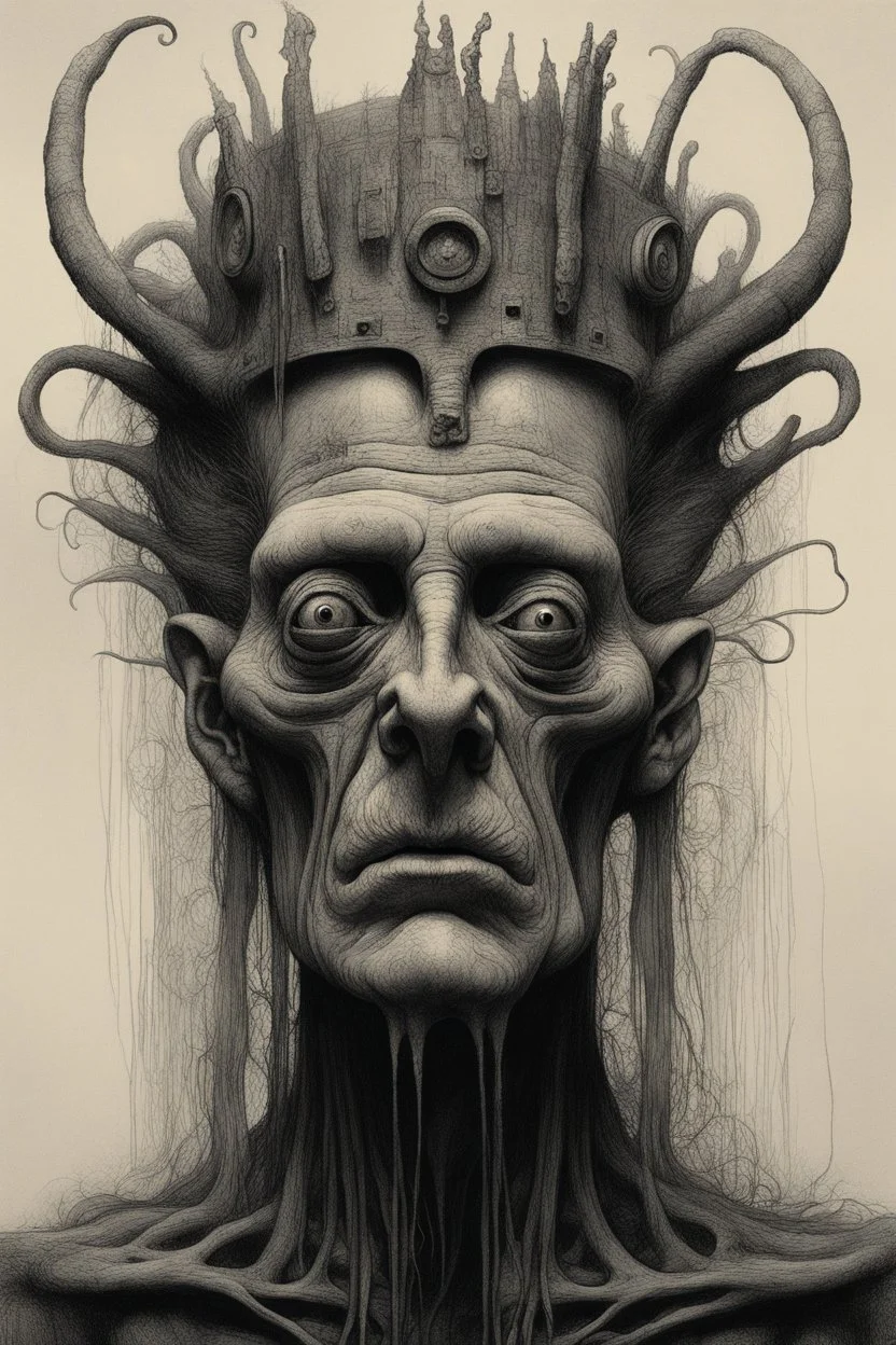 The face of an old men king with a hairy crown, a thin line draw ، front view camera, decayed and rotting with grotesque proportions and imagery. surreal horror, biomechanical design, by hr giger and beksinski , fine lines draw