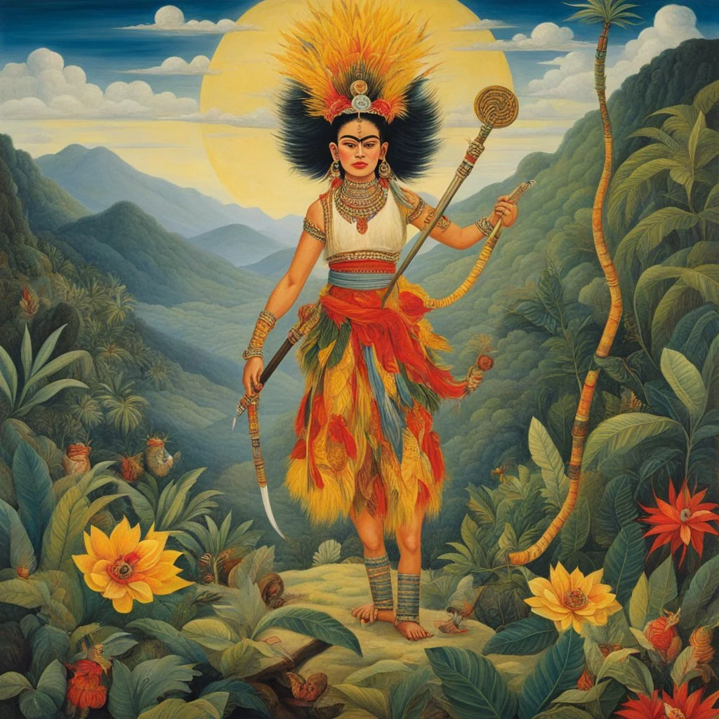 [art by Frida Kahlo] Legendary Monkey King with her staff on the jungle hills feet, and monkey tail, multiple arms shiva