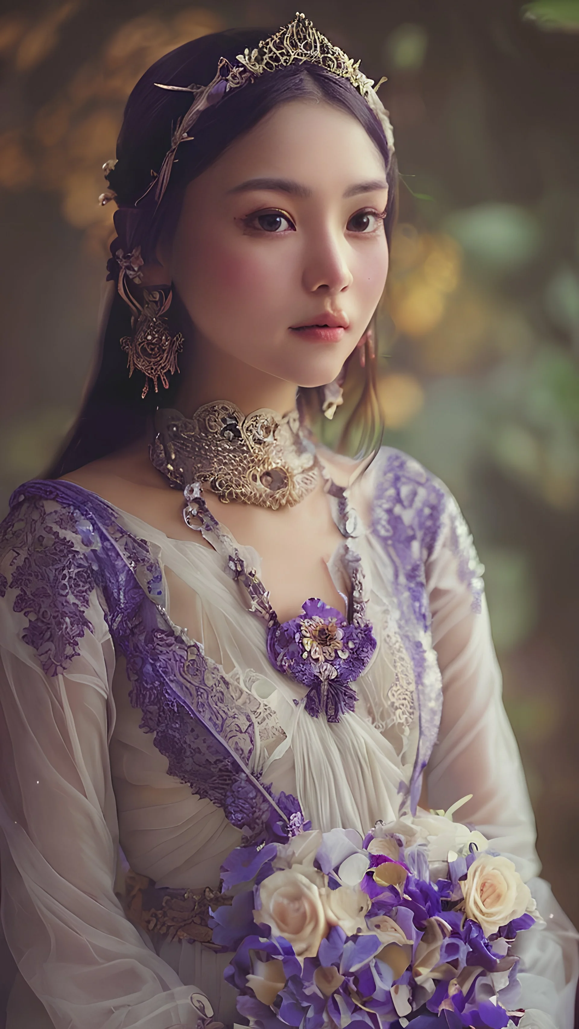 in the style of ALPHONSE MARIA MUCHA, beautiful thailand girl real life photo-shot, filigree detailed lady thailand costume, purple blue color for costume, headshot, close up, cinematic lighting, Environment Mountain,