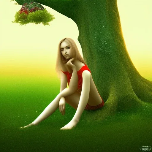 a girl sitting behind the tree