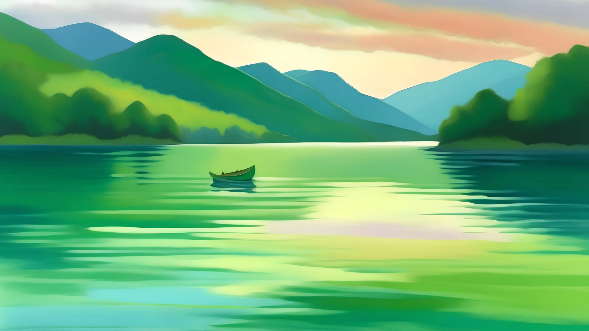 készíts egy festményt Cézanne stílusában az alábbiak szerint: napkelte idején sima felületű zöld vizű tó, rajta a távolban apró csónak, messze lankás hegyek
