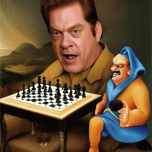 Shooter McGavin from Happy Gilmore playing chess with Wario in the style of Hieronymus Bosch