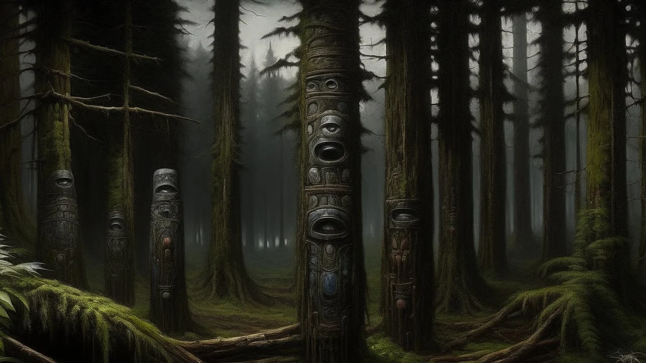 A black dark forest filled with Pacific Northwest totem poles painted by George Inness