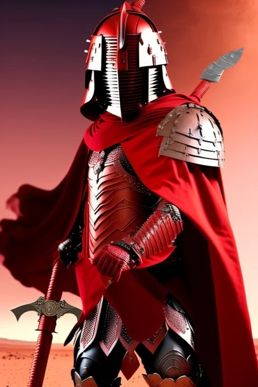 Planet Mars portrayed as a menacing man wearing Roman-like armour, a red cape, and a spartan helmet that covers his face entirely, he is armed with a spear and a spartan shield, his armour is covered with battle marks