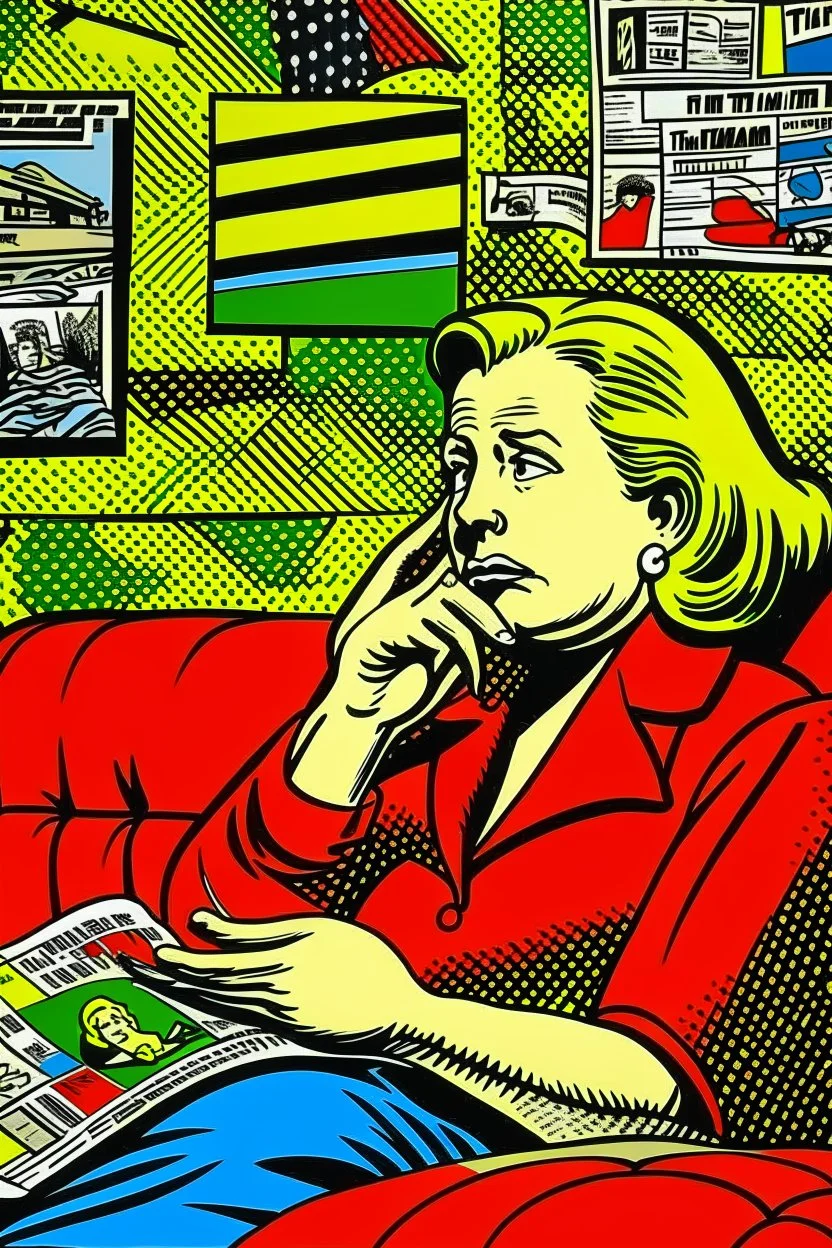 fat woman sitting on sofa READING NEWS PAPER listening to radio watching tv news in a room with signs of propaganda in the style of roy lichtenstein