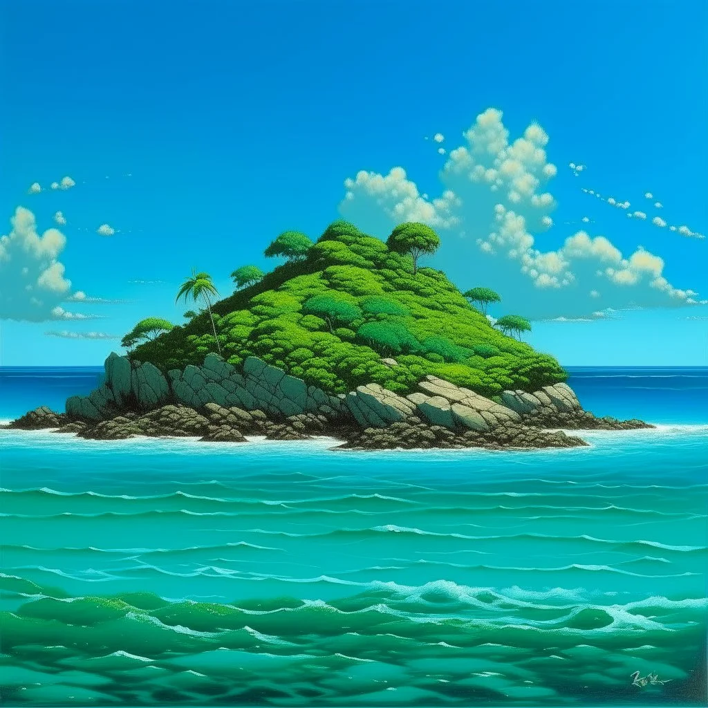 A turquoise island near a seaside painted by Frank Wilson