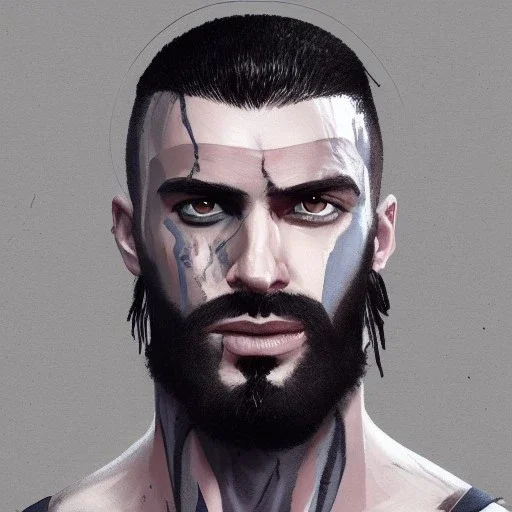 painted portrait of rugged man, scar over eye, dark hair, shaved sides, masculine, mid 30s, handsome, upper body, shaved, grey and silver, muscular, hairy torso, fantasy, intricate, muscular, elegant, highly detailed, digital painting, artstation, concept art, smooth, sharp focus, illustration, art by gaston bussiere and alphonse mucha