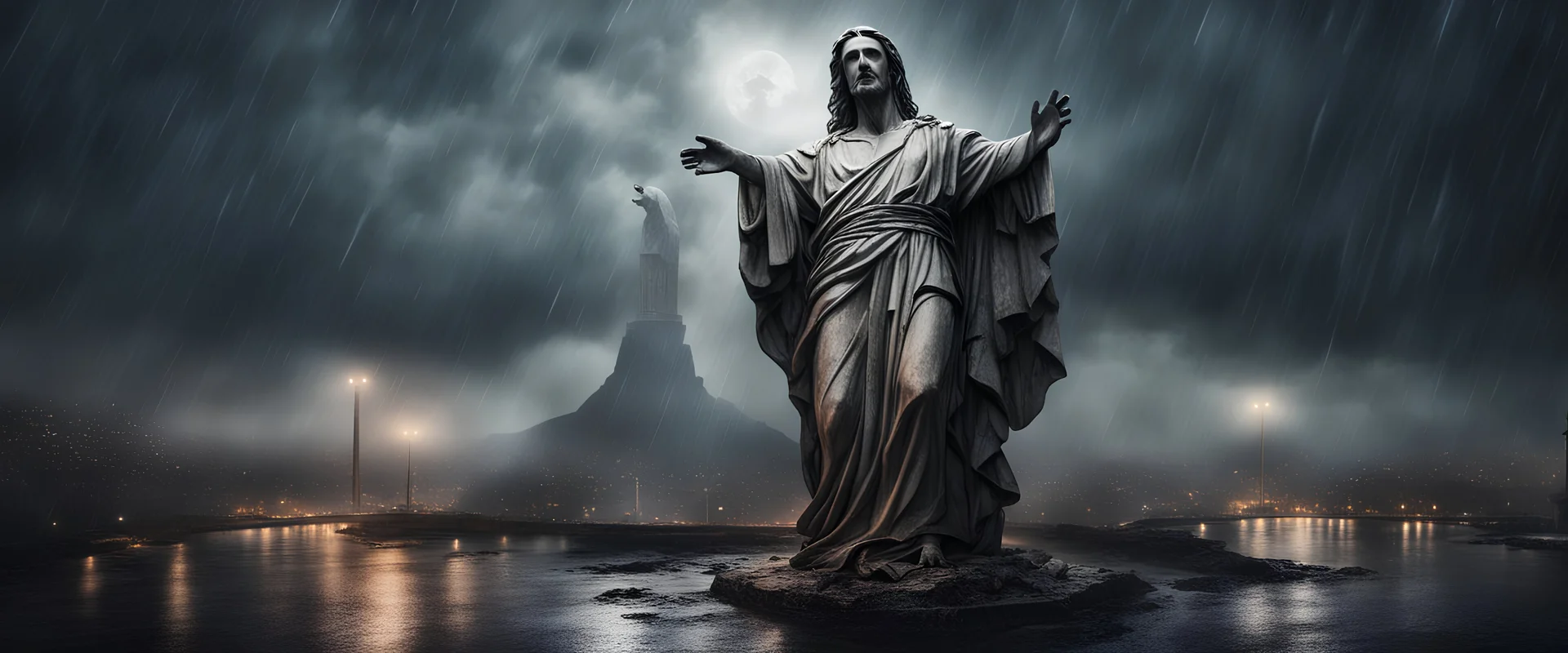 Hyper Realistic apocalyptic haunted view of broken statue of Christ the Redeemer at dark rainy night