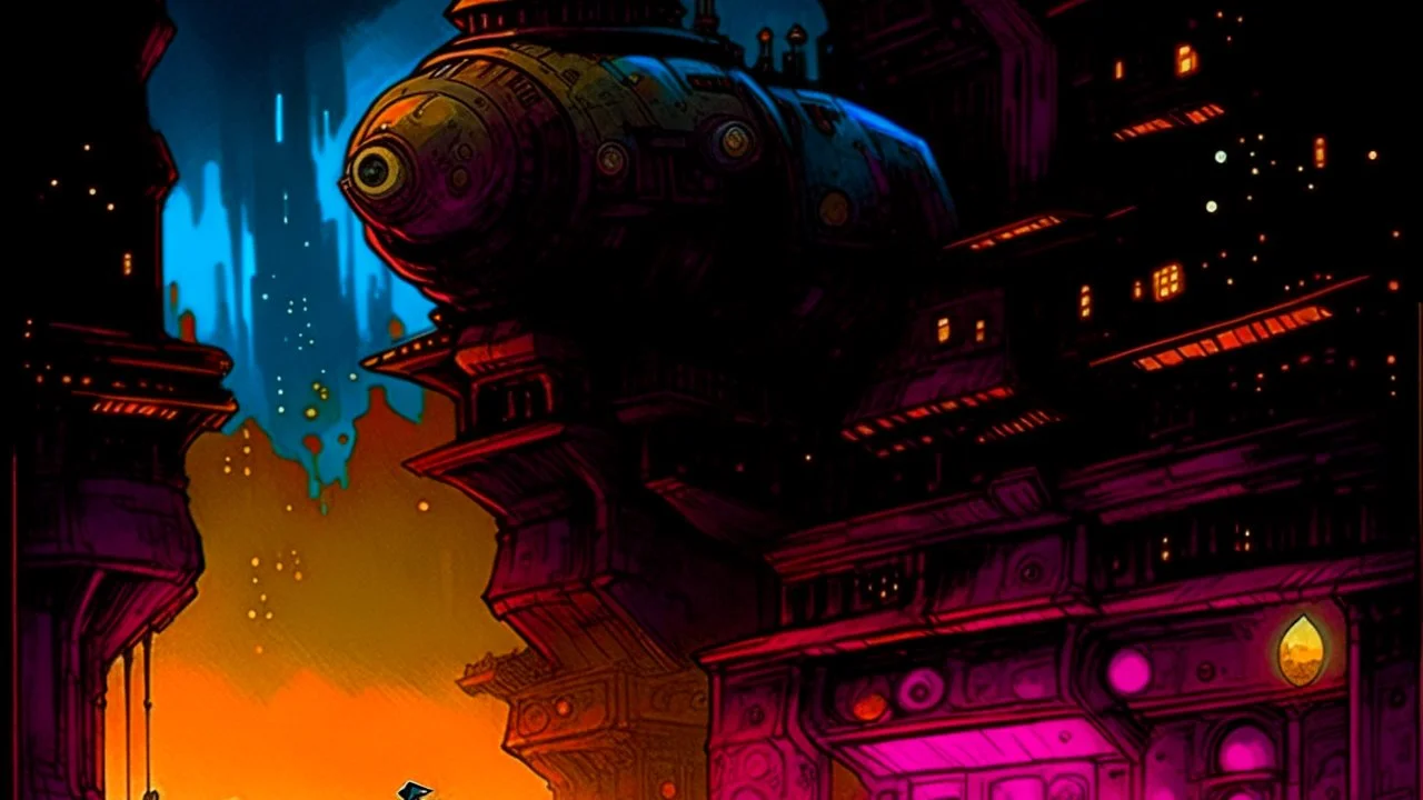 John Harris Style page, dark serious 1990s style, ((masterpiece, best quality)), (((solo))), full color, retro anime style, full color, dark serious 1980s steampunk cityscape, magic,