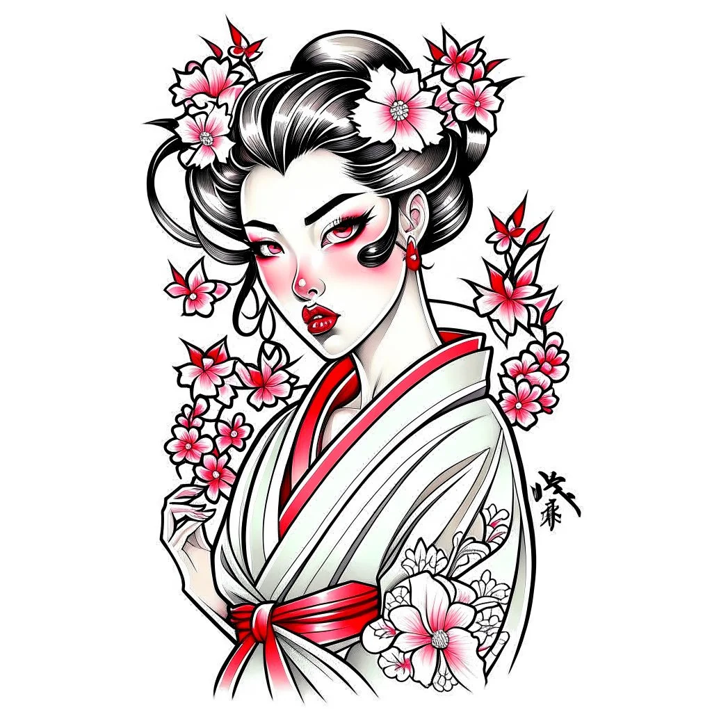 Tatto design Neotraditional style , Geisha with a Cherry Blossom Kimono, white background, tatto style, different angle