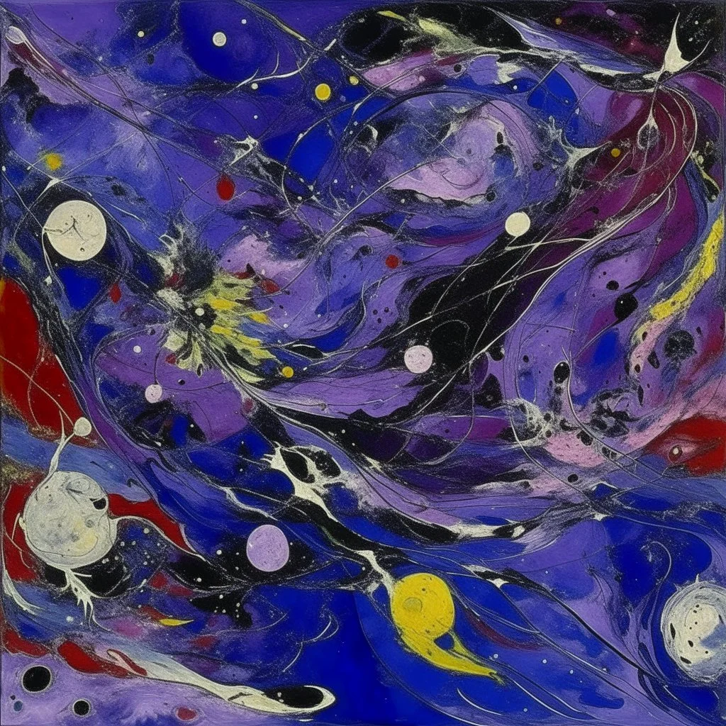 A violet outer space with alien birds painted by Jackson Pollock