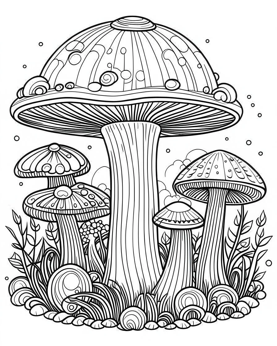 mushroom world minimalistic landscape. line art, background, vector, svg, coloring book page style, black outline on white background