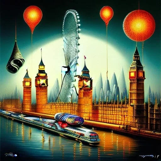 A monkey playing the drums, london skyline at night, in the style of Salvador Dali