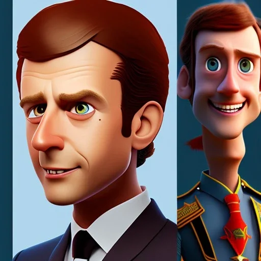 Emmanuel Macron, Pixar Studio movie style,