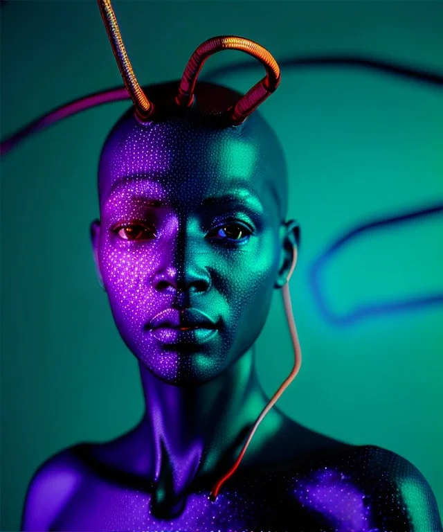 Ultra realistic photographic night portrait, cinematic, African woman, <hanging wires> <retro monitor> many wires coming out of the head <perfect pupil> <cyborg arm> <garage> <wide angle Shot> <retro futuristic> <thriller>, led lights, color fog, soft color, highly detailed, unreal engine 5, ray tracing, RTX, lumen lighting, ultra detail, volumetric lighting, high definition.