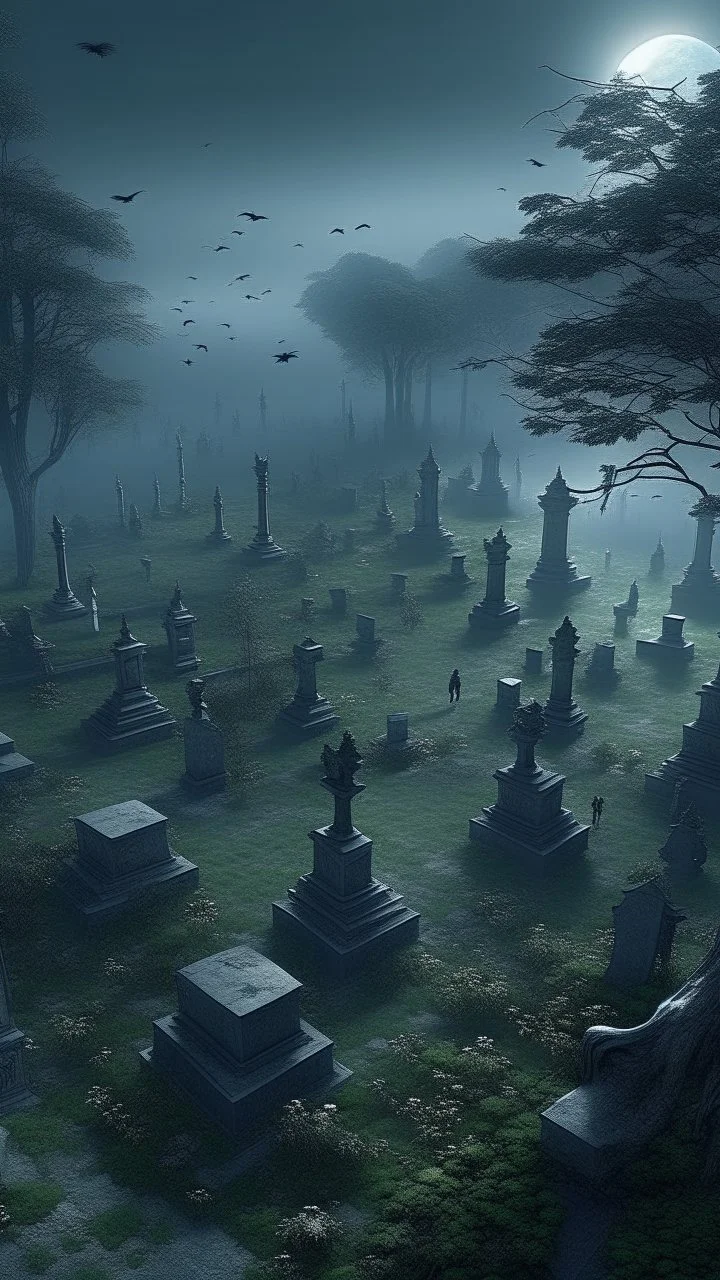 A bird view of a graveyard with full moon and trees with a they are tied to their musical instruments ,surrealism of the dark of a nightmare ten miles high and six foot deep, hyper photorealistic, hyper detailed dark art color, high resolution, fog, octane render, tilt shift, HDRI Environment, all pictures dark gray ghost is hovering over