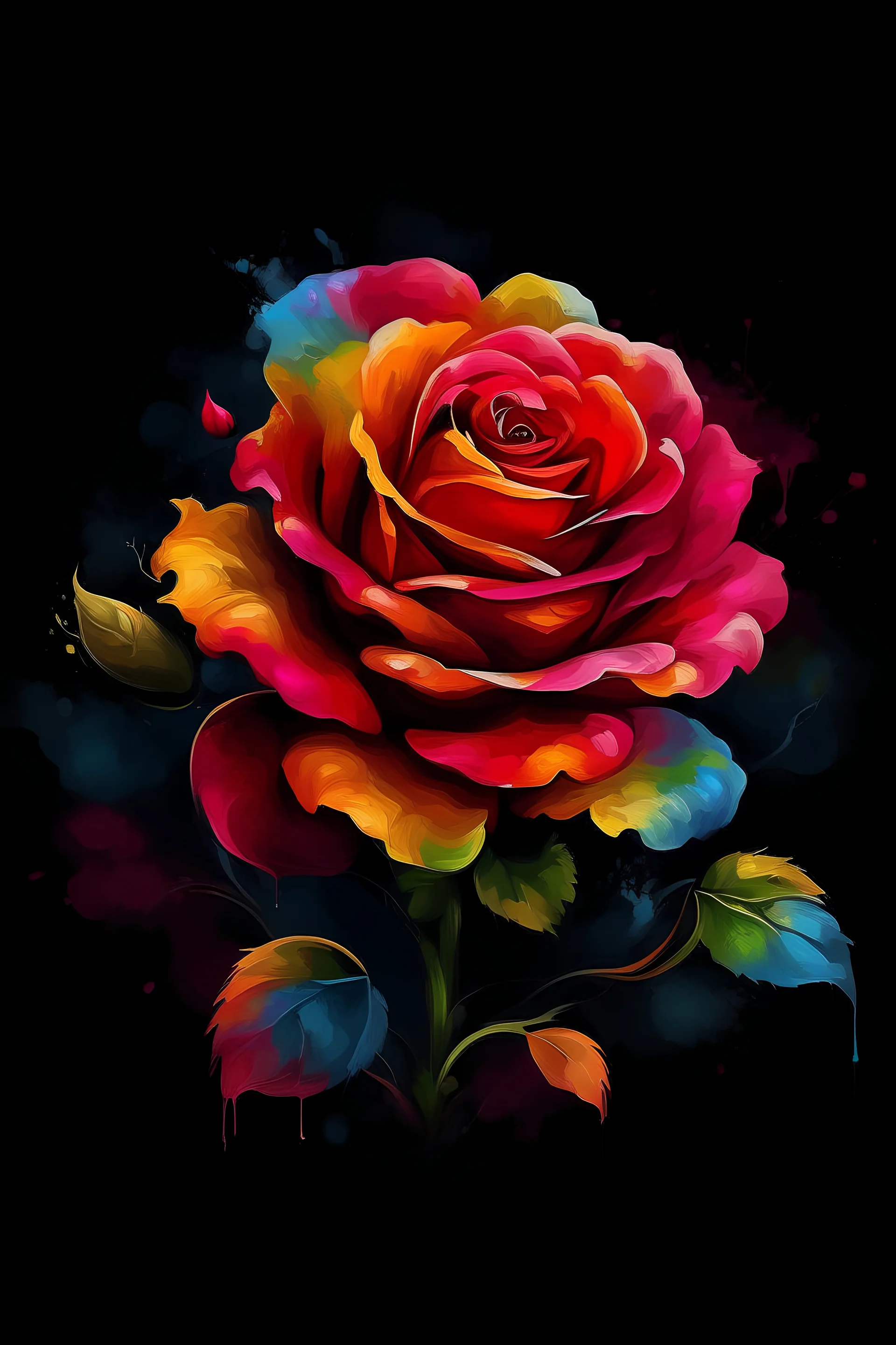 a painting of arose flower on a black background, a digital painting, by Jason Benjamin, shutterstock, colorful vector illustration, mixed media style illustration, epic full color illustration, mascot illustration