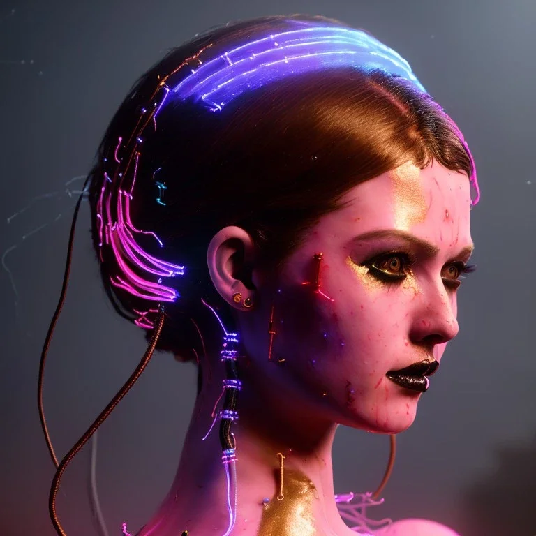 pretty france cyber woman, cold ambient, latex, cables, purpurin, blood, black, gold, piercings, brown, decorative color feathers, circuits, neon style, a lot of led lights, fog, rain, vibrant color, highly detailed, art stations, concept art, smooth, unreal engine 5, god rays, ray tracing, RTX, lumen lighting, ultra detail, volumetric lighting, 3d, finely drawn, high definition, high resolution.