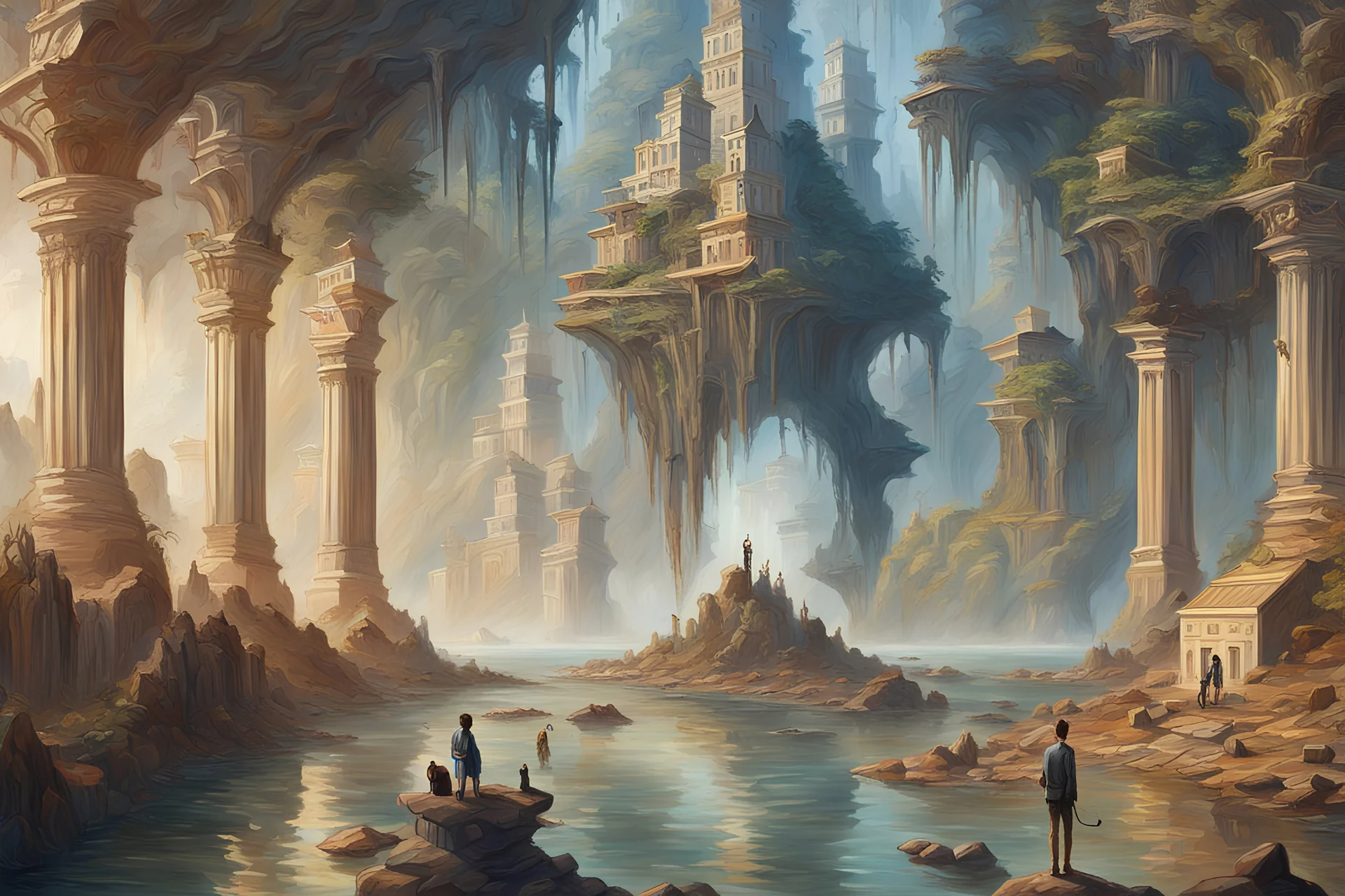 oil painting, flooded city, some small islands visible in the distance and there is a single human on each of them, seeing everything from a tall cliff