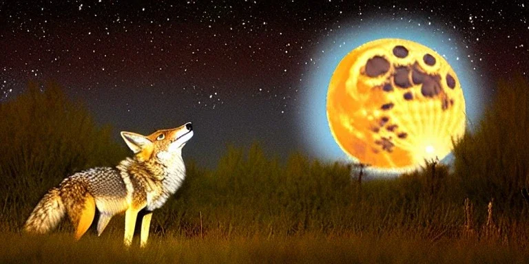 Coyote howling at the blue moon with stars