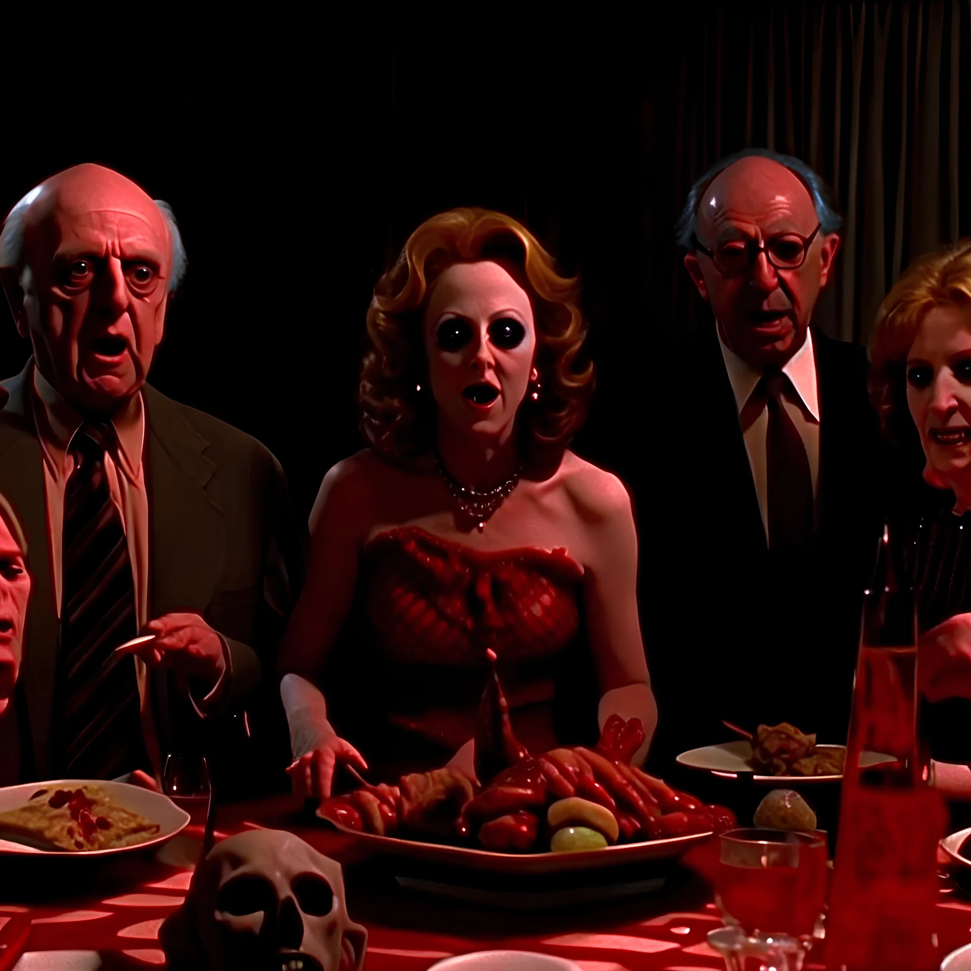 Movie shot, spooky, ultra realistic distress, dining, ultra realistic woman, pieces of meat, creepy, organic ail dynamic, anguish, excited woman, hypermaximalist figures, Creepy, Alfred Hitchcock, Sam Raimi, sinister, John Carpenter, Dario Argento, ornate