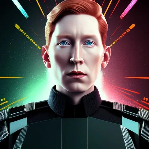 portrait, general hux, wearing a black First Order uniform, serious, imposing figure, thick eyebrows, 8k, digital art, red light coming from the left and blue light coming from the right cinematic lighting, wearing a black First Order uniform, green eyes