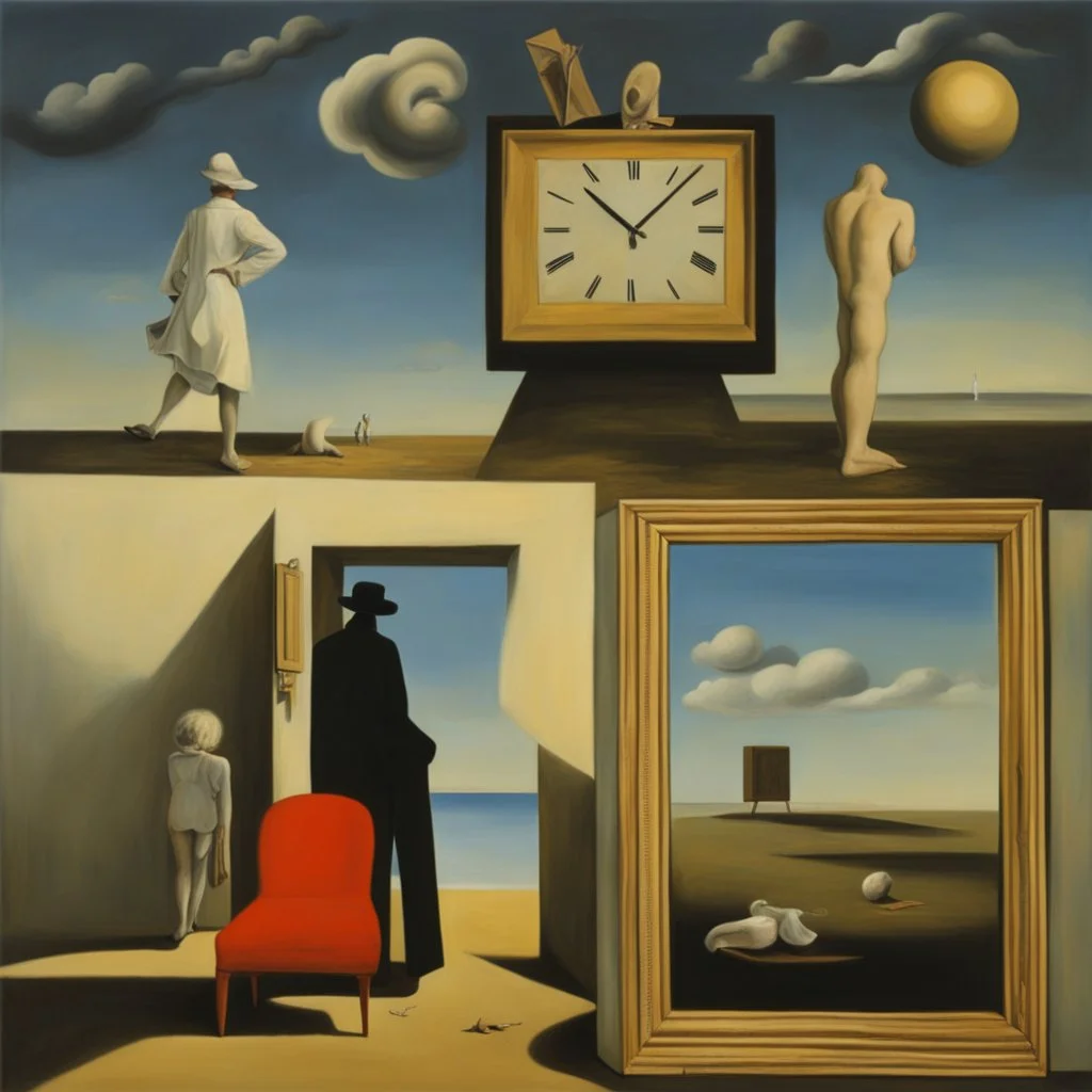 cover art, surrealist painting called 'today I am thinking about time by dali and picasso and magritte and Breughel